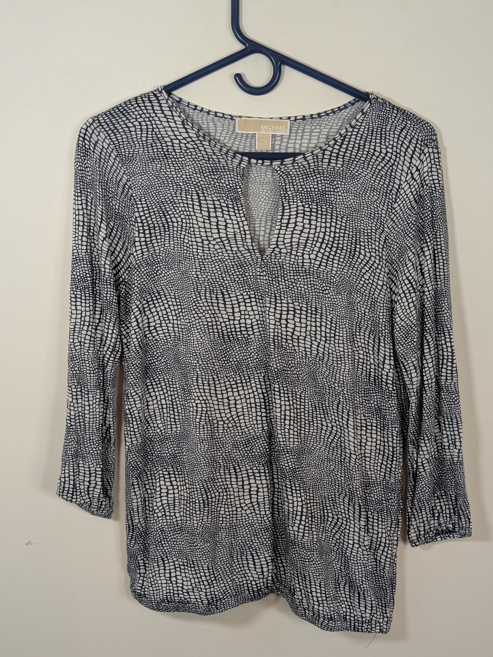 MICHAEL Michael Kors Navy and White Printed Keyhole Long Sleeve Top
